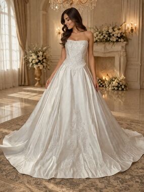 Mary’s Strapless White Satin Wedding Gown with Lace Bodice